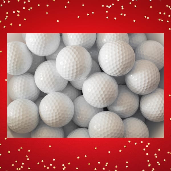 A pile of white golf balls fills the frame, surrounded by a festive red border with gold stars.