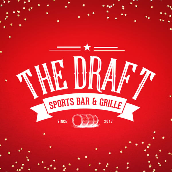 The Draft Sports Bar & Grille logo in white on a red background with gold stars.